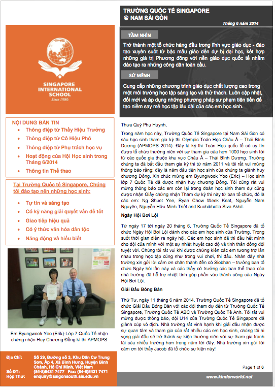 June 2014 Newsletter, Singapore International School @ Saigon South, Vietnamese thumbnail