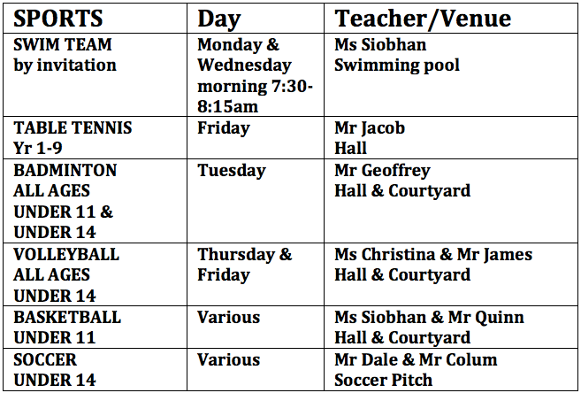SIS Sports Activities Timetable